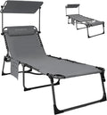 KingCamp Tanning Chair with Face Hole, Lounge Chairs Outdoor Folding Comfy Adjustable 5-Position Foldable Chaise Chaser with Canopy Shade for Outside Beach Patio Sun Bathing Pool, Grey