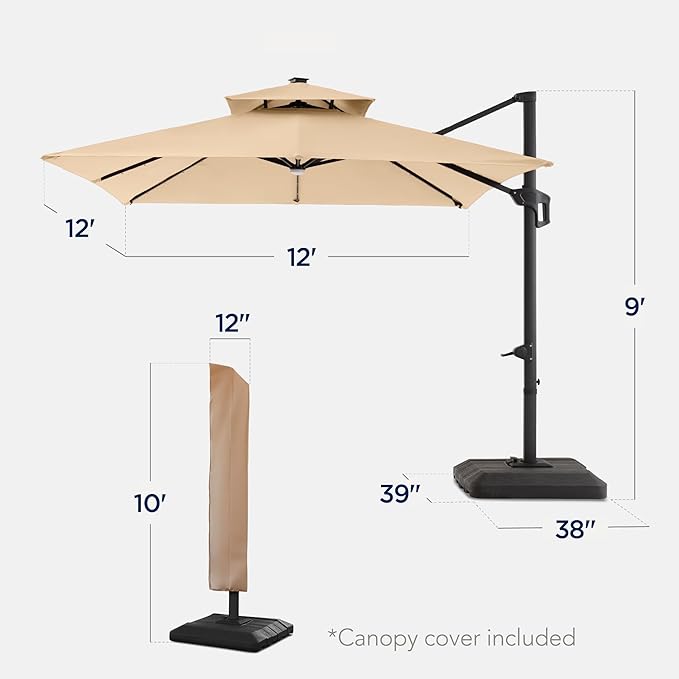 Best Choice Products 12x12ft LED Cantilever Patio Umbrella w/Base Included & 360° Rotation, Large Solar Offset Hanging Outdoor Sun Shade for Deck, Backyard Table w/Stand & Lights – Sand