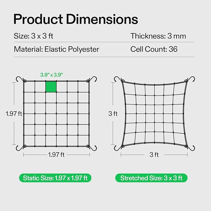 VIVOSUN 3 x 3Ft. Elastic Trellis Netting with 4 Hooks for Climbing Plants, Vegetables, Fruits, and Flowers, 2-Pack