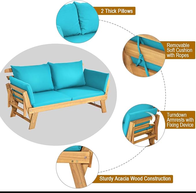 Tangkula Convertible Acacia Wood Patio Couch Sofa Bed with Adjustable Armrest, Outdoor Daybed with Cushion & Pillows, Outside Folding Futon Sofa Couch Bench for Porch, Courtyard, Poolside & Garden