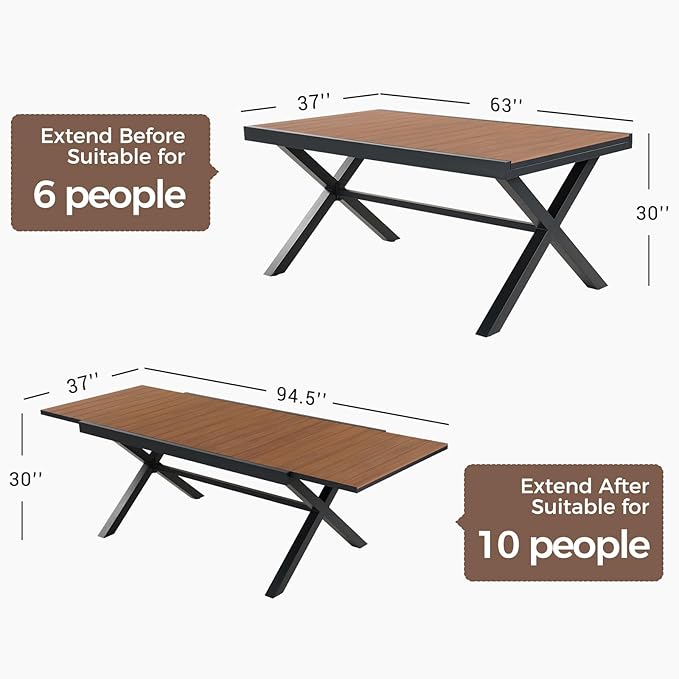 Grand patio 9-Piece Outdoor Dining Set, 8 Leather-Look Wicker Swivel Patio Chairs & 1 Extendable Rectangular Dining Table, Brown