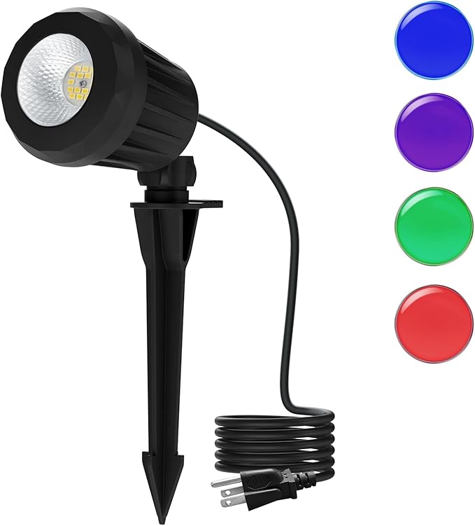 Spotlight Outdoor – 120V Plug-In, 6500K Cool White LED Landscape Lighting with RGB Purple 4 Color Lenses for Yard, Garden, Lawn & Tree Decor on Holidays&Everyday, IP67 Waterproof (1 Pack,Black)