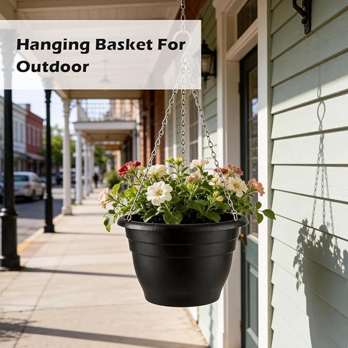 Hanging Planters 11 Inch, 3 Pcs Flower Pots with Drainage Hole, Self Watering Hanging Basket for Indoor Outdoor Plants, Decor, Black