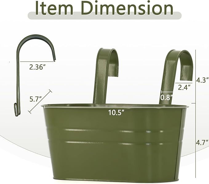 3 Pack Metal Railing Planters, 10.5" Oval Hanging Flower Pots with Detachable Hooks & Drainage Holes, Fits Rails up to 2.36", Galvanized Iron Fence Bucket for Balcony Garden Patio - Green