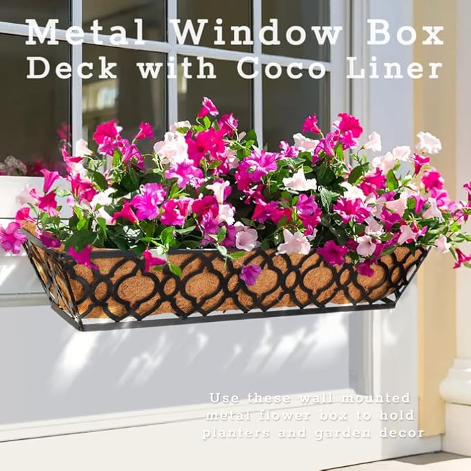 2pcs 24 Inch Window Deck with Coco Liner, 24" Window Boxes Horse Trough with Coconut Coir Liner, Metal Hanging Flower Planter Window Basket Deck Railing Planter Boxes for Outdoor Indoor Lawn