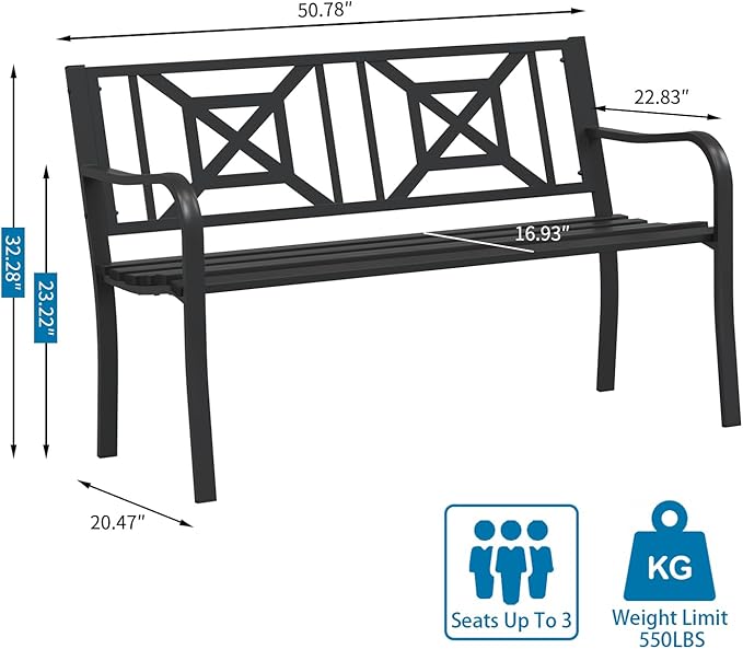 On Shine Patio Garden Bench,Outdoor Park Bench with Powder Coated Steel Frame, Elegant Loveseat with Square Pattern Backrest & Ergonomic Armrest for Outdoor Garden, Backyard, Lawn, Porch