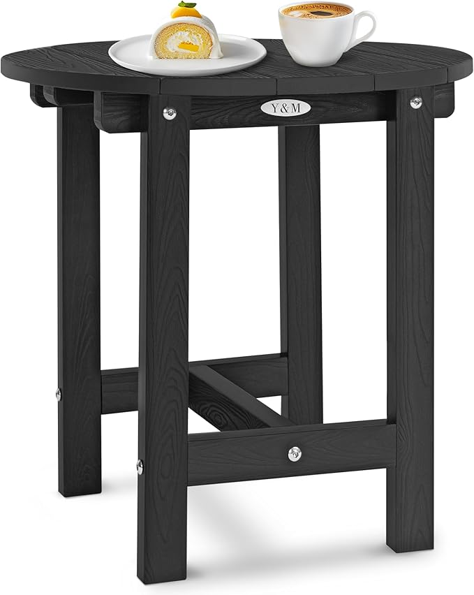 Y&M Outdoor Side Table, Waterproof Four-Legged Round Entryway End Table, Single-Tier HDPE Modern Small Coffee Nightstand for Bedroom, Living Room, Patio, Indoor or Outdoor Use, Black