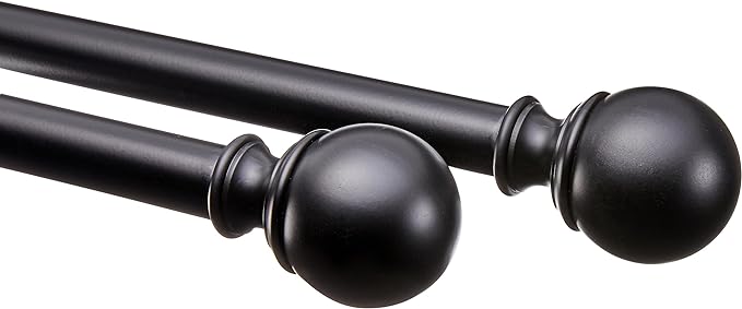 Amazon Basics Adjustable Curtain Rod for Windows with Round Finials, 1-Inch Rod, 36" to 72", Black, 1-Pack