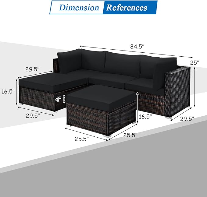Tangkula 5 Piece Patio Rattan Furniture Set, Outdoor Sectional Rattan Sofa Set with Back & Seat Cushions, Wicker Conversation Set with Tempered Glass Table for Backyard Porch Poolside (Black)