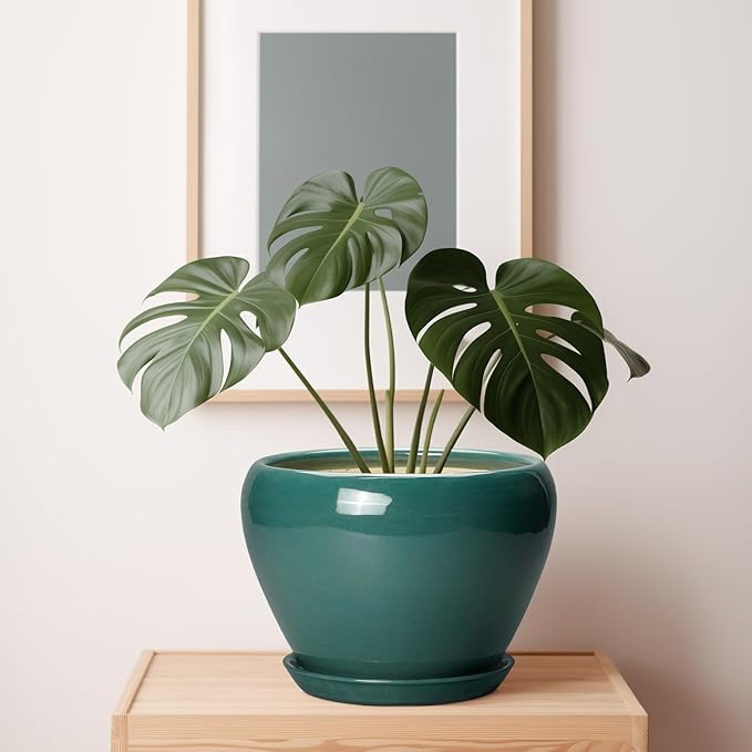 Ceramic Planter for Indoor Plants 10 Inch - Ceramic Plant Pot with Drainage Hole and Saucer, Glaze Round Modern Decorative Planter, Plant Lover Gifts, Home Room Office Decor, Green