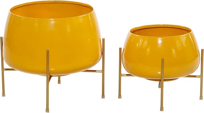 Deco 79 Metal Indoor Outdoor Planter Small Planter Pot with Removable Stand, Set of 2 Planters 8", 10"H, Yellow