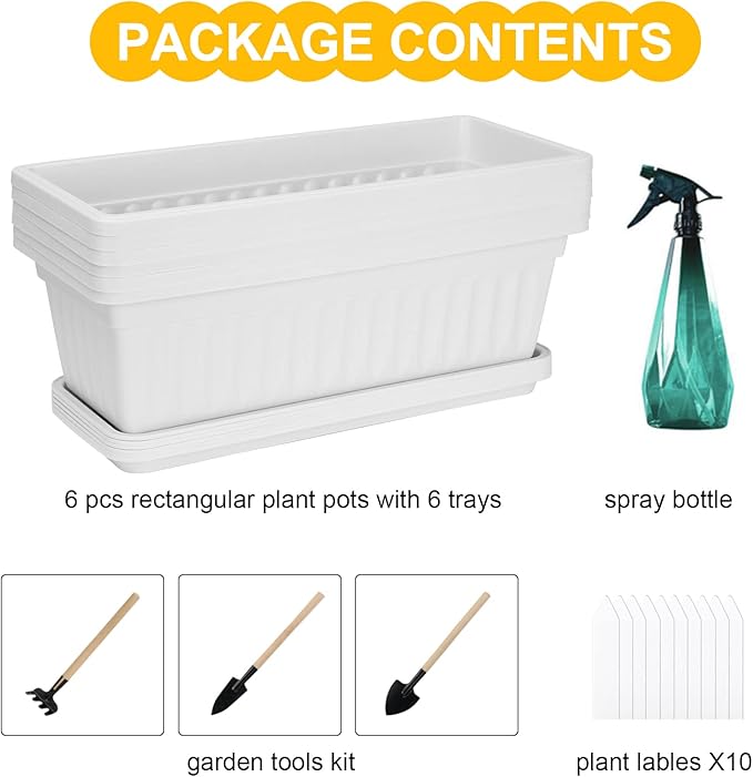 6 Packs Window Box Planter, 17 Inches Flower Window Box Rectangular Plastic Vegetable Planters with Trays for Windowsill, Patio, Garden, Balcony, Porch White