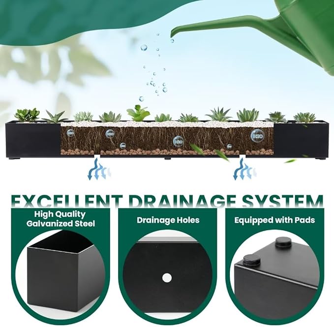 Trough Rectangle Planter Window Sill Planter Box Long Window Planters Modern Galvanized Steel Succulent Planter Black Metal Windowsill Pot 32 in for Indoor Plants Herb Table Home Outdoor
