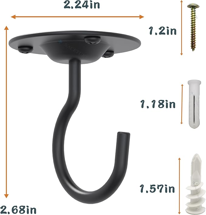 NACETURE Ceiling Hooks for Hanging Plants 3 Pack - Plant Hanger Indoor Hanging Hooks Metal Plant Bracket Iron Lanterns Hangers for Wind Chimes (Black 3 Pack)