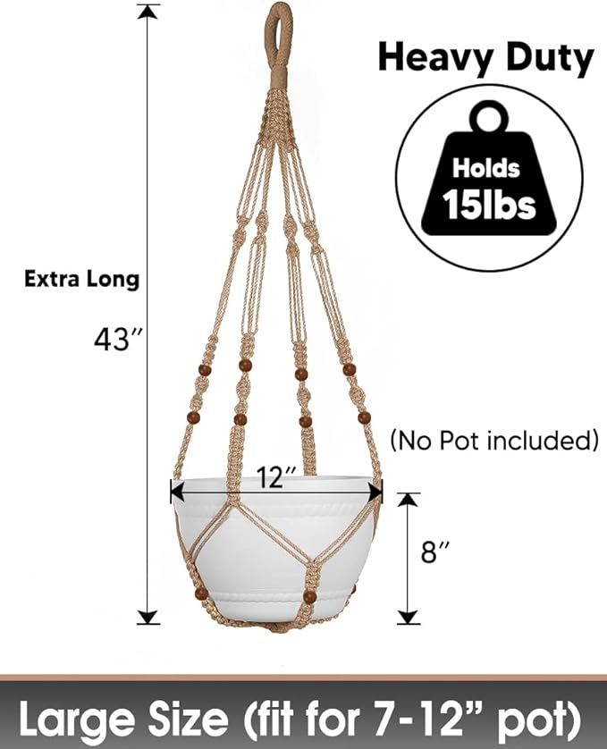 43 Inches Macrame Planter Hanger Large for 12 inch Pot + Swag Hook (Extra Long & Big) | Large Hanging Planter for Indoor Plants | No Tassel, Cotton Rope, NO Pot/Plant Included (Jute)(XL)