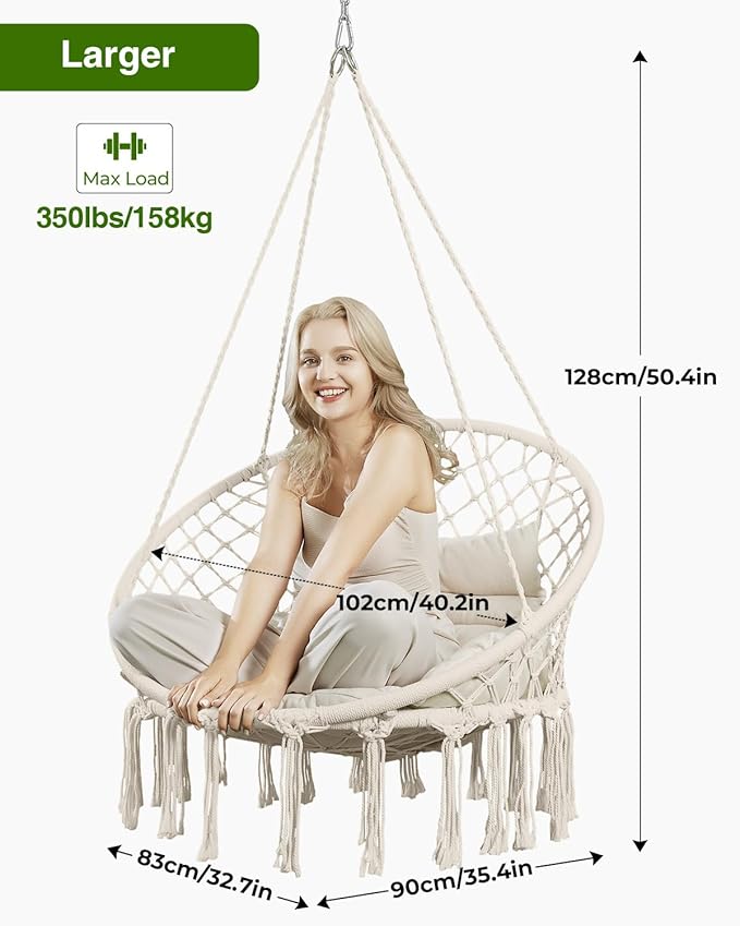 Greenstell Hammock Chair, Macrame Swing Chair with Comfy Cushion, Boho Hanging Chair for Outdoor & Indoor, Perfect for Bedroom, Patio, Balcony, Hold up to 350Lbs, Beige