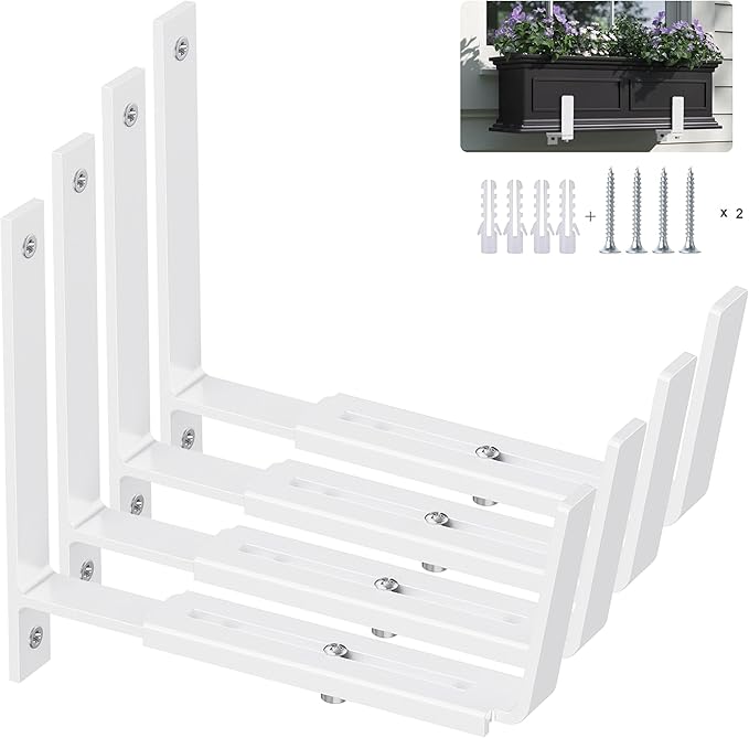 Y&M 4 Pack Adjustable Planter Box Brackets (6 to 12.5 in), Universal Window Box Brackets, Heavy Duty Iron Flower Box Wall Mounting Hooks for Balcony, Fences, Patio, and Garden - White