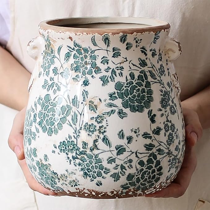 Tuscan Ceramic Planters and Kitchen Utensil Holder, 6.68 Inch Vintage Plant Pots with Drainage for Indoor/Outdoor, Country Cottage Vase for Home Garden Decor, Gifts for Plant Lovers, Cyan