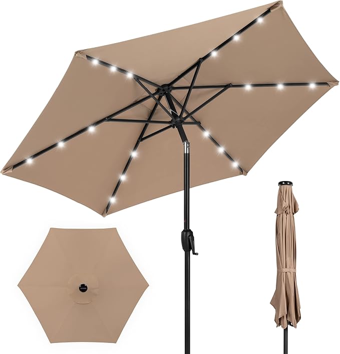 Best Choice Products 7.5ft Outdoor Solar Market Table Patio Umbrella for Deck, Pool w/Tilt, Crank, LED Lights - Tan