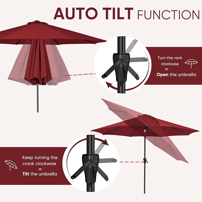 Tempera Patio Market Outdoor Table Umbrella with Auto Tilt and Crank, Large Sun Umbrella with Sturdy Pole & Fade Resistant Canopy, Easy to Set