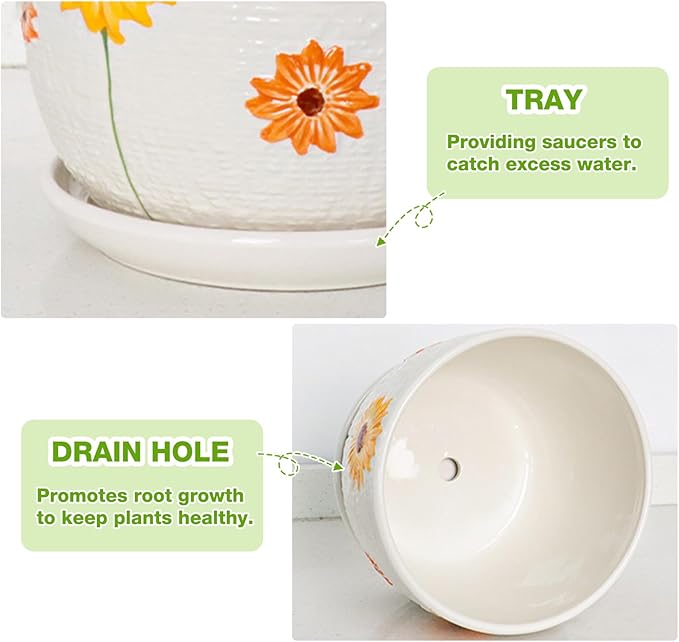 Ceramic Plant Pots Set of 3, 6.75/5.6/4.2 inch Planters with Drainage Holes and Saucer, Flower Pots Outdoor Indoor, Modern Decorative Planters for House Plants Garden Planters Succulent Pots