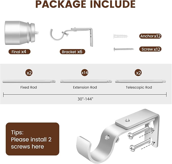 Silver Curtain Rod 30-144 inch 2 Pack, Fit 30 to 142, 66 to 120 inch Windows, 1 Inch Diameter Heavy Duty Adjustable Telescopic Rod