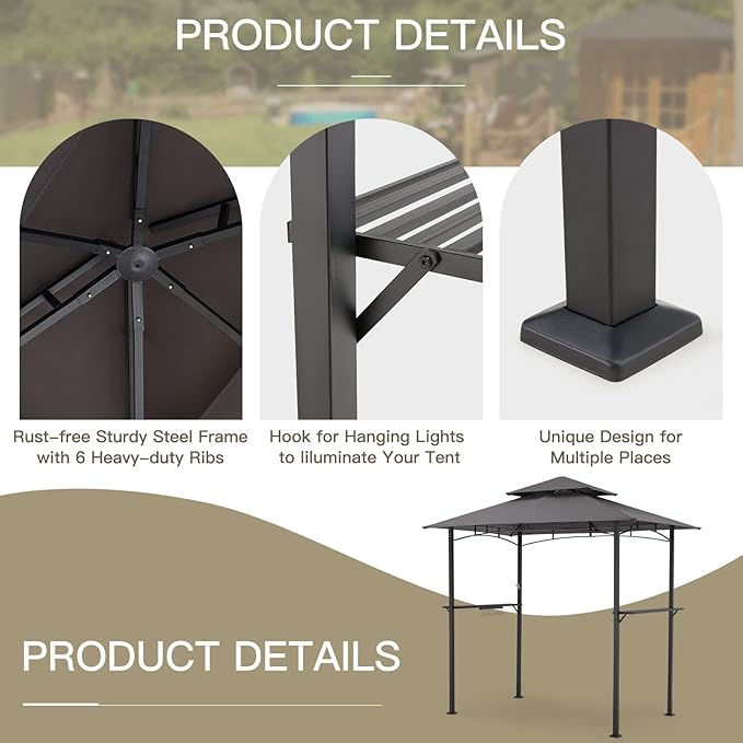 AECOJOY 8' x 5' Outdoor Grill Gazebo Canopy, BBQ Canopy for Outdoor Grill, 2- Tier BBQ Gazebo Shelter for Patio, Backyard and More (Grey)