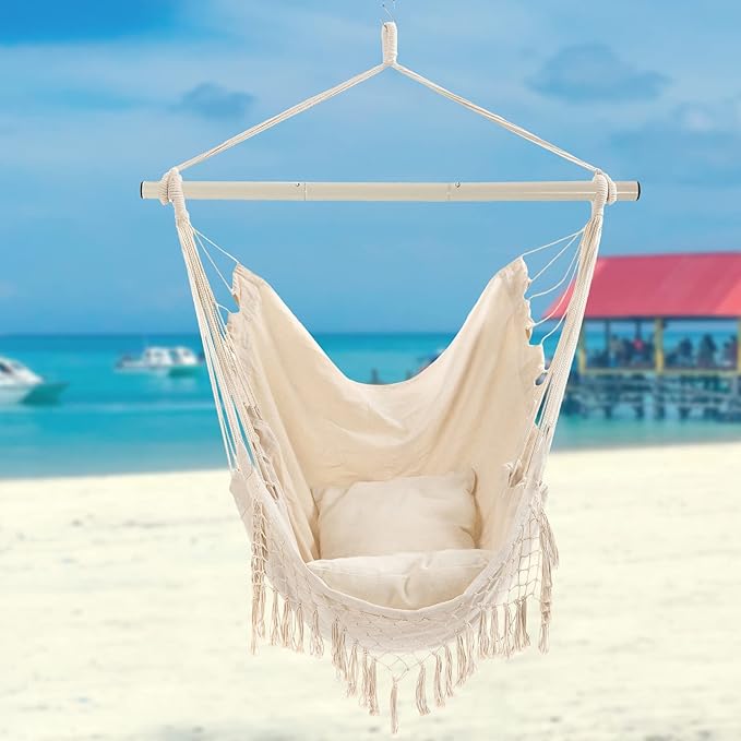 Hammock Chair, Hanging Rope Swing Seat with 2 Cushions,Macrame Hanging Chair Side Pocket with High Load-Bearing Metal Rod,for Indoor, Outdoor, Extra Comfortable