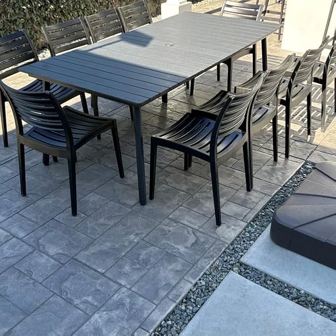 95" Patio Outdoor Dining Table for 8-10, Weather-Resistant Wood-Grain Top with Aluminum Frame & Umbrella Hole for Deck Gatherings, Black