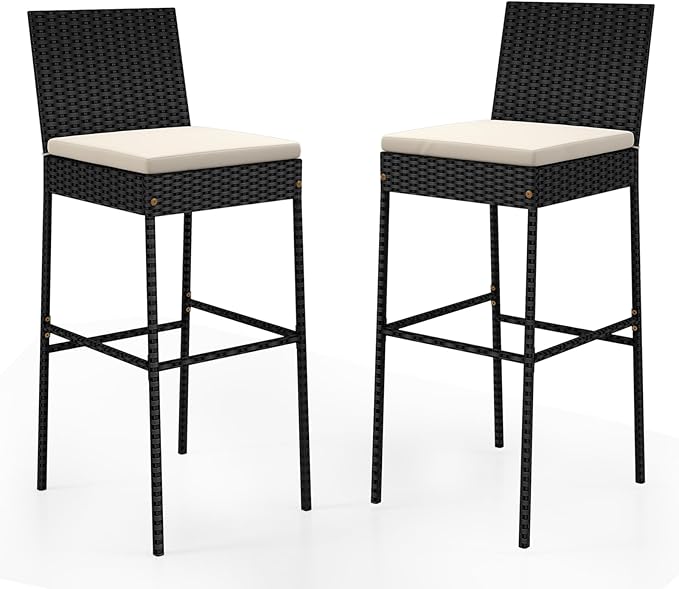 HAPPYGRILL Wicker Patio Barstools Set of 2, Outdoor Rattan Bar Chairs with Footrest & Backrest, Armless High Top Chairs with Seat Cushions for Backyard, Balcony