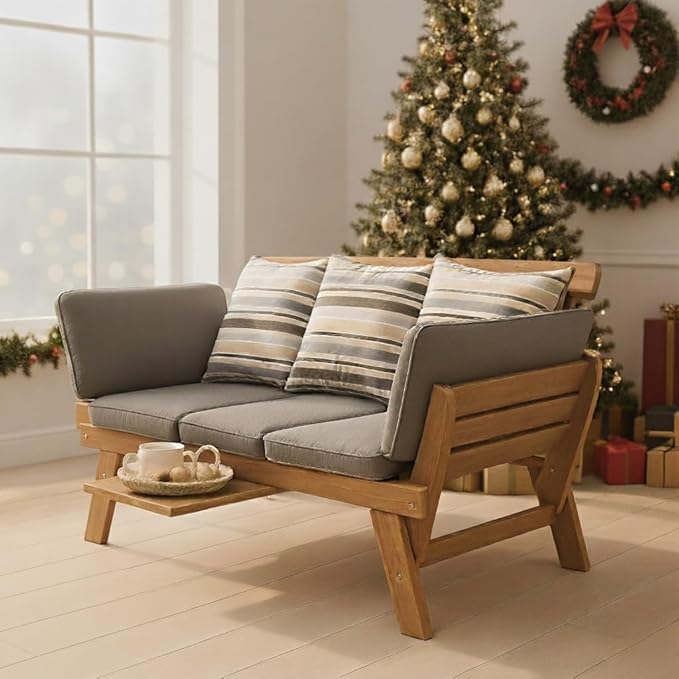 IDZO Amelie Eucalyptus Convertible Outdoor Sofa, 750lbs Capacity Patio Couch with Folding Armrest & Coffee Tray, FSC Certified Wood Furniture Set with 3 Pillows, High Static Load - Gray