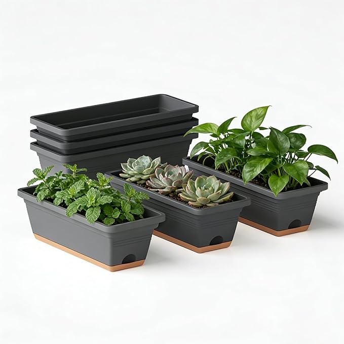 Window Box Planter, 6 Pack Plastic Vegetable Flower Window Planters Boxes 16 Inches Rectangular Flower Pots with Drainage Holes and Saucers (Grey)