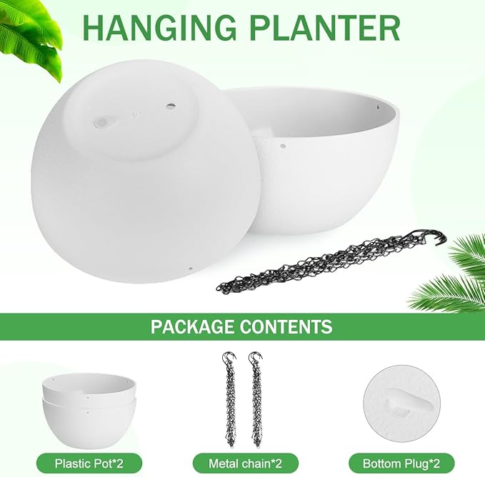 13 inch Hanging Planters for Indoor Plants, 2 Pack Planters for Outdoor Plants with Drainage Holes and Chain, Round Plastic Hanging Baskets, Hanging Flower Pots for Balcony Garden Decor-White