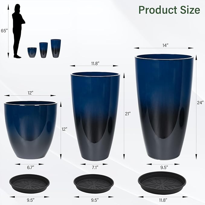 24/21/12 Inch Large Plastic Planter, Lightweight Ceramic-Look Tall Planters with Drain Hole & Saucers, Tall Plastic Planters for Porch, Garden, Patio, Balcony(Dark Blue)