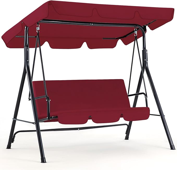 AECOJOY Porch Swing with Stand, 3-Seat Outdoor Clearance Porch Swings for Adults, Outdoor Patio Swing with Adjustable Canopy & Removable Cushion for Backyard, Garden, Yard, Poolside, Balcony (Red)