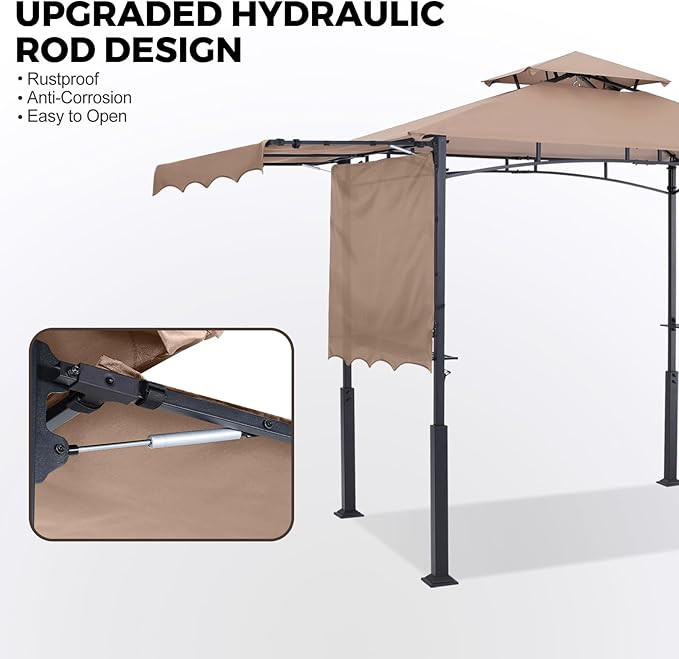 ABCCANOPY Grill Gazebo with 2 Side Awnings - 14x5 Outdoor BBQ Canopy Shelter with 2 Led Lights for Patio Backyard Grilling (Khaki)