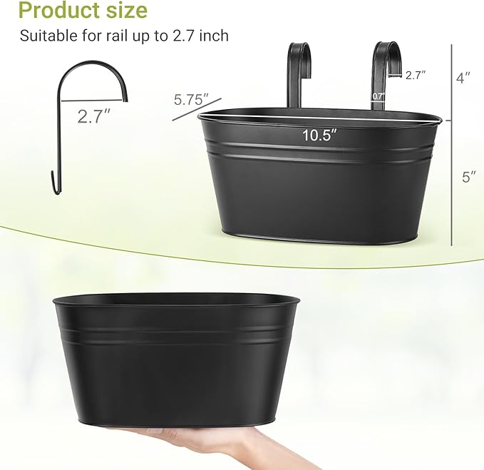 Dahey 10.5 Inch Metal Iron Hanging Flower Pots for Railing Fence Hanging Bucket Pots Countryside Style Outdoor Planter Window Flower Plant Holder with Detachable Hooks Home Decor, Black,4 Pcs