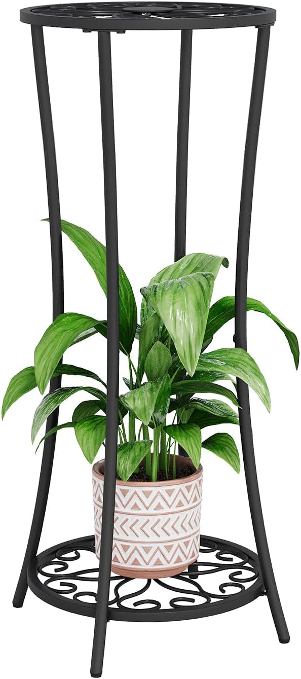 YINMIT Plant Stand Indoor Outdoor, 2 Tier Metal Potted Holder Rack, Flower Pot Stand Shelf, Heavy Duty Round Supports Rack, Corner Plant Shelf for Balcony Garden Patio Living Room (Black-Iron)