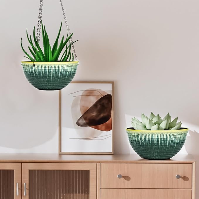 10inch Hanging Planter, 2 Pack Hanging Planters for Indoor and Outdoor Plants, Glazed Hanging Plant Holder with Drainage, Indoor Hanging Flower Pots for Garden Home (Green Glaze)