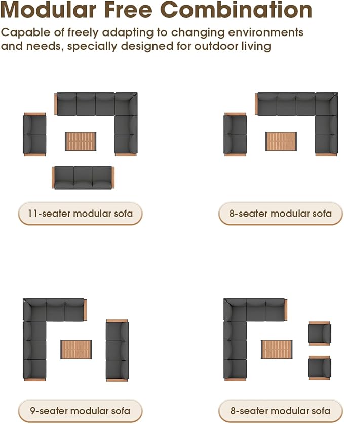 Aluminum Outdoor Patio Furniture Set 11 Seats, Outdoor Sectional Corner Sofa Set, Patio Conversation Sets with Washable Thick Cushions & Coffee Table for Porch, Yard, Garden, Deck, Graphite