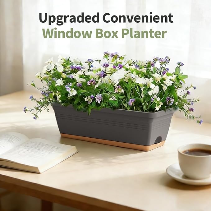Window Box Planter, 6 Pack Plastic Vegetable Flower Window Planters Boxes 16 Inches Rectangular Flower Pots with Drainage Holes and Saucers (Grey)