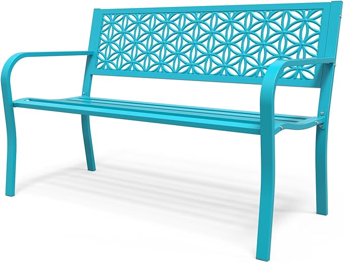 VINGLI 50" Outdoor Bench Metal with Floral Back, Garden Bench Front Porch Benches for Yard Patio Entryway Park, 800lb Capacity - Blue