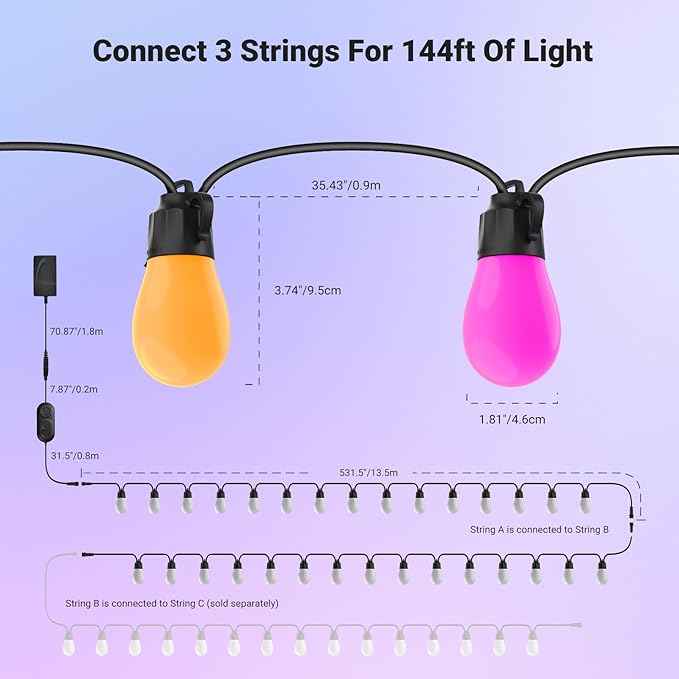 NEEWER 96ft Outdoor String Lights, App Control Smart AI RGBW Hanging Outside Warm White Patio Balcony Backyard Lighting, IP65 Waterproof, 30 LED Bulbs, 50+ Scenes, Compatible with Alexa Google, NR01