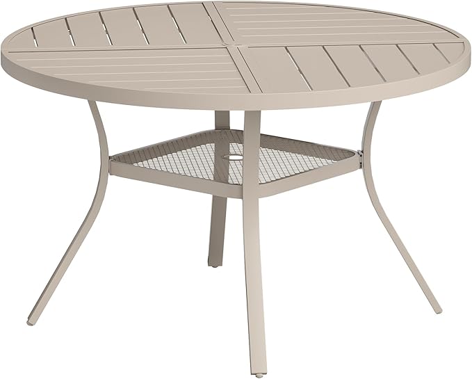 VICLLAX Round Patio Table with Adjustable Umbrella Hole for 6, All Weather Metal Outdoor Dining Table for Lawn Garden, 47.2" Outdoor Coffee Table, Cream Color Frame