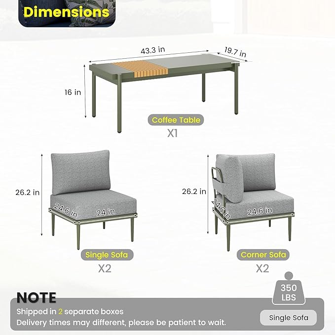 Sundale Outdoor 5 Pieces Patio Furniture Set, Metal Sectional Sofa Patio Conversation Set with Coffee Table, Modern Patio Corner Couch for Balcony, Porch, Sunroom