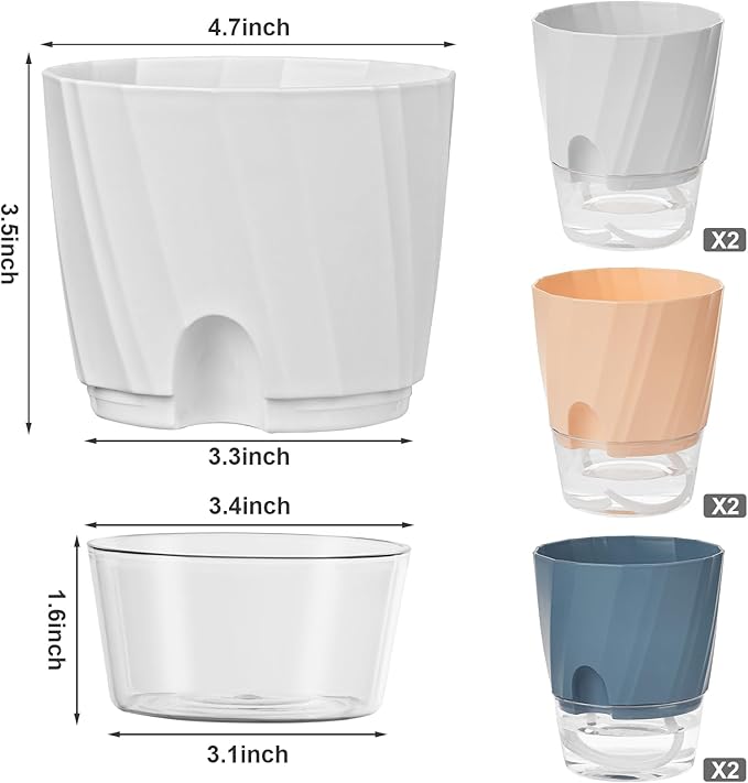 KIMCHOMERSE Self Watering Plant Pots, 4.7 Inch Plant Pots 6-Pack Indoor Planter Pots with Drainage Holes and Tray for Home Decor（2White, 2Pink, 2Blue）