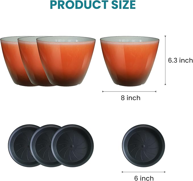 Plant Pots for Indoor Outdoor Plants, Pack of 4 Plastic Flower Pots with Drainage Holes and Saucers, 8 Inch Glazed Planters for Indoor Plants Office Home Decor (Orange, 4pcs)