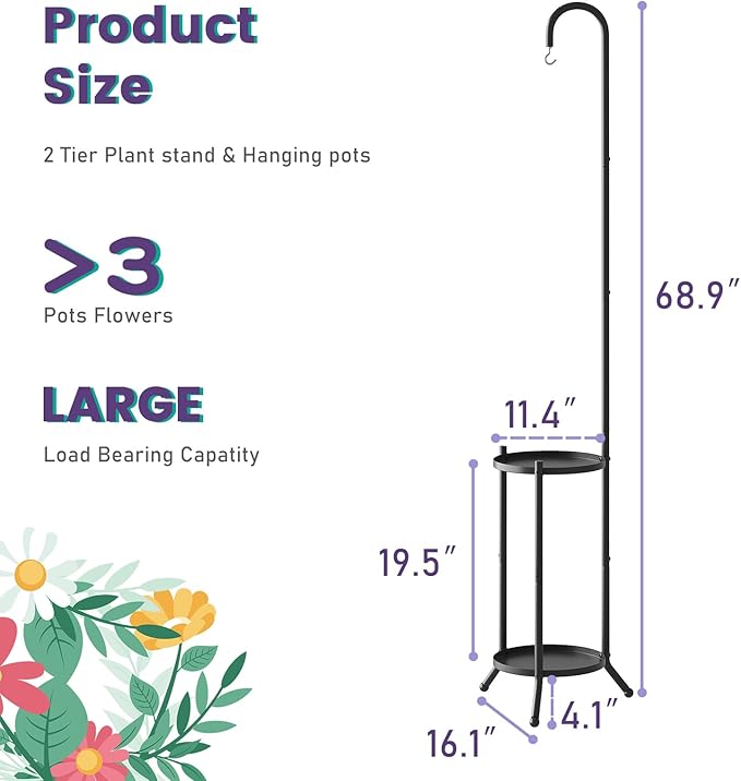 2-Tier Metal Plant Stand with Hanging Hook, Indoor Outdoor Plant Shelf,Heavy Duty Plant holder Rustproof Iron Multiple Plant Round Supports Rack for Planter Corner Garden Balcony Patio (Black)