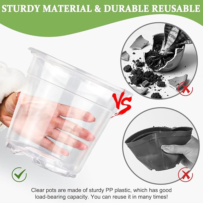 60 Pack 6 Inch Clear Nursery Pots for Plants, Flexible Plastic Plant Pots with Drainage Holes, Transparent Plant Starter Pots for Seedlings, Vegetable, Succulents, Flowers
