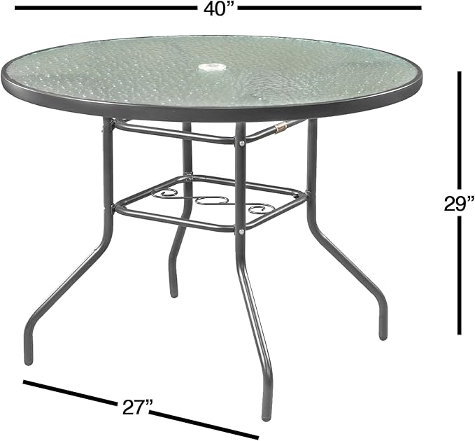Garden Elements Outdoor Patio Furniture, Round Dining Table, Steel Base and Rim with Water-Wave Glass Top, Grey, 40"